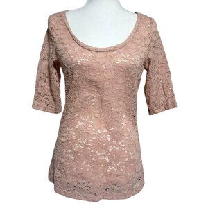 Coquette‎ VTG Maurices Blush Pink Floral Lace 3/4 Sleeve Scoop Neck Blouse M